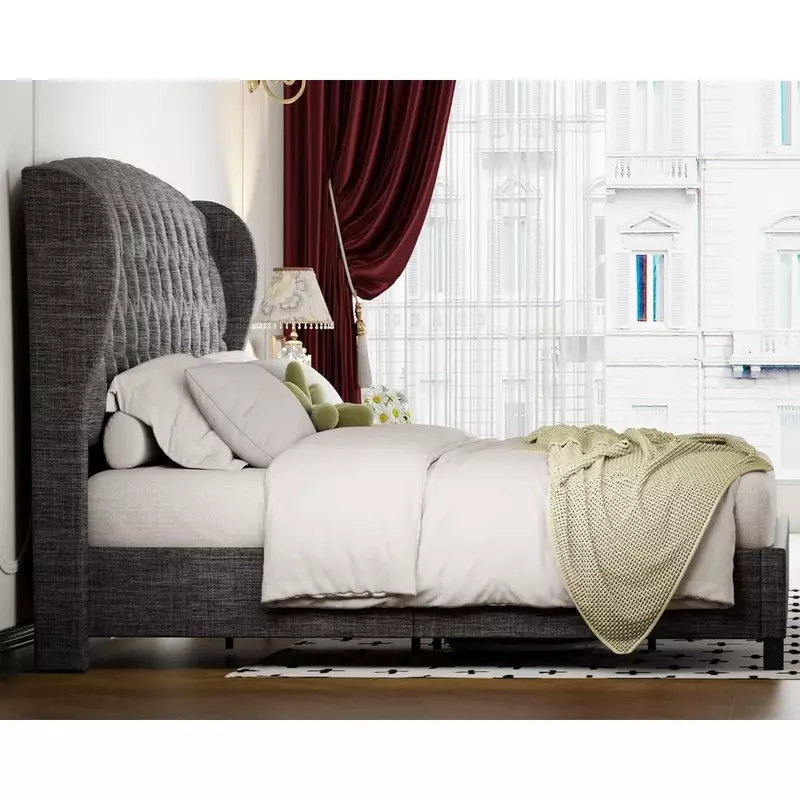 Bed Frame, Linen Curved Upholstered Bed, Headboard with Shell Wingback, Deep Button Tufts, No Springs Required, Queen Bed Frame
