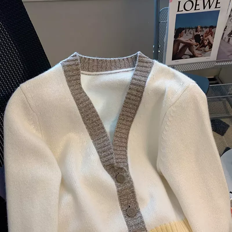 Cárdigan de punto con cuello en V para Mujer, suéter de retales de manga larga, abrigo elegante, ropa para Mujer 2022