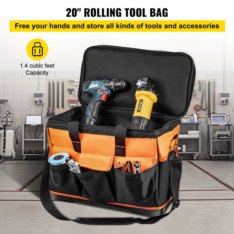 VEVOR-Bolsa de herramientas enrollable portátil para reparación de electricidad, 17 bolsillos con ruedas, plegable, grande, gruesa, impermeable, organizador de almacenamiento