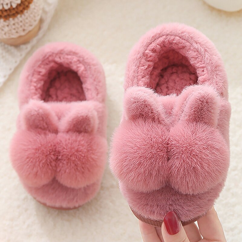 Zapatillas de interior para niños, Pantuflas suaves para el hogar, zapatos de conejo esponjoso cálido para niñas, Pantuflas de piso para bebés, Pantuflas de piel para niños, Invierno