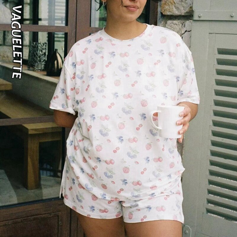 VAGUELETTE 여성용 잠옷 세트, 귀여운 과일 프린트 티셔츠 및 반바지, 2 피스 의상, 라운지 잠옷 세트