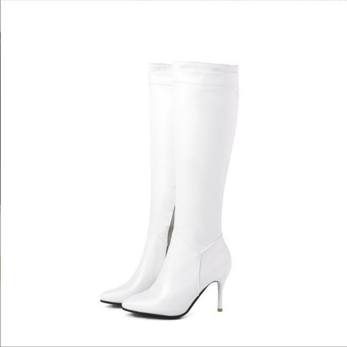 Botas altas de couro PU para mulheres, salto alto, preto, branco, sapatos longos com zíper, moda senhora, outono, inverno