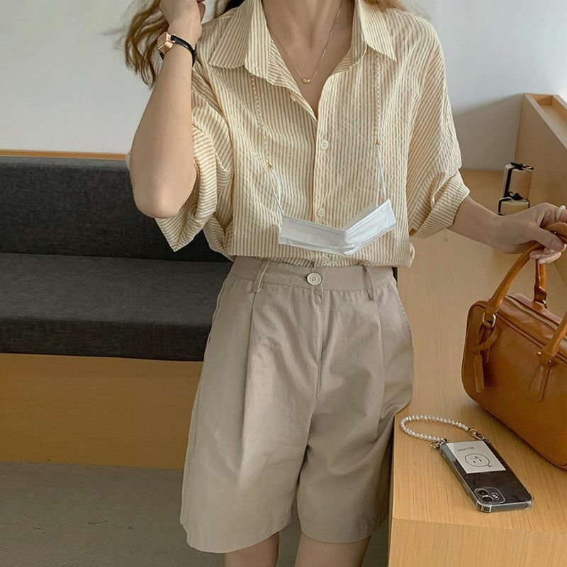 Deeptown elegante und Jugend Frau Blusen gestreifte grüne Hemden Kurzarm koreanische Mode schickes Büro weibliche Tops Sommer Basic