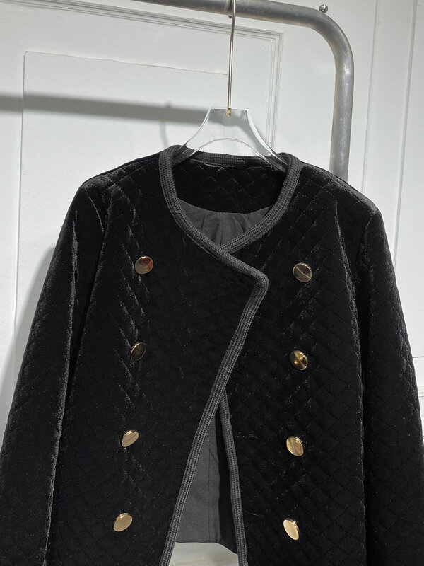 Abrigo acolchado de algodón y terciopelo con rombos para mujer, traje corto ajustado y elegante con doble botonadura, moda de invierno, novedad de 2023