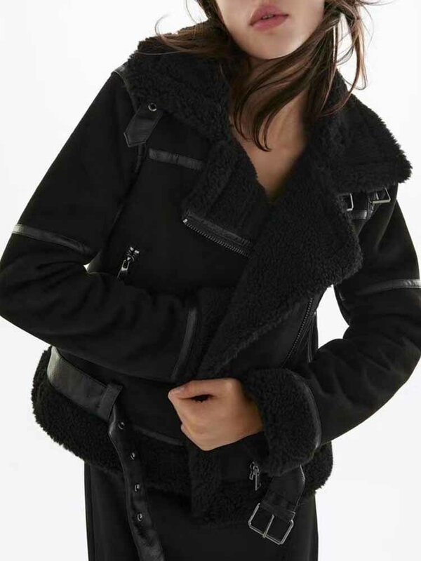 Donna nuova moda con cintura calda allentata giacca in lana d'agnello cappotto Vintage manica lunga tasche laterali cerniera capispalla femminile top Chic