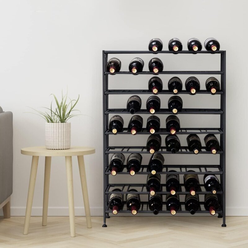 MyGift rak anggur logam hitam berdiri bebas berdiri lantai, rak penyimpanan botol minuman 9 tingkat-menampung hingga 54 botol