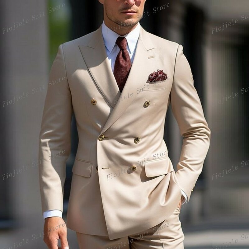 Beige Formal Occasion Men Suit Groom Groomsman Wedding Party Prom Business Casual Male Tuxedos 2 Piece Set Blazer Pants