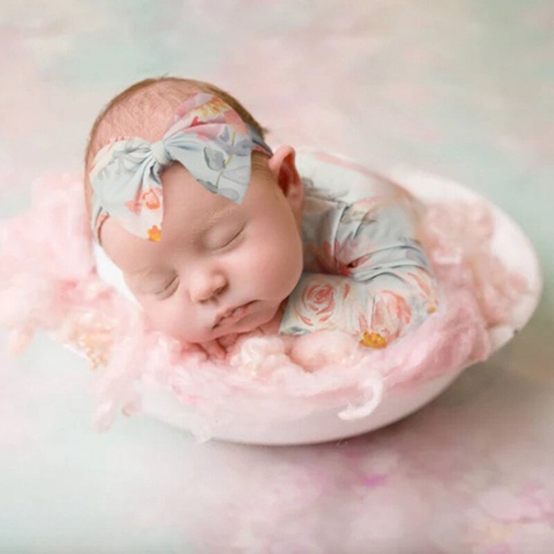 2 Pcs Newborn Photography Props Baby Flower Printed Romper Bow Headband Outfit G99C