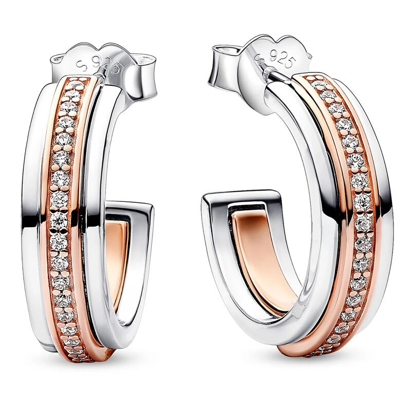 Authentic 925 Sterling Silver Earring Moon Star Signature Two Tone & Pave Circle Hoop Earring For Women Gift Popular Jewelry