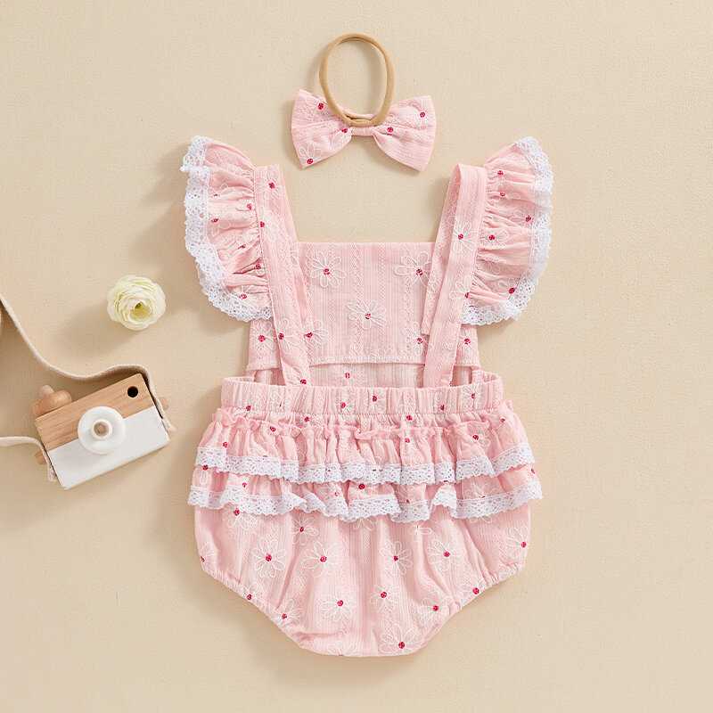 2024-03-18 Lioraitiin Baby Girls Rompers Flower Pattern Lace Trim Fly Sleeve Ruffles Bodysuits Summer Clothes with Headband