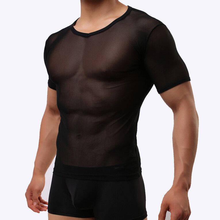 T-shirt de manga curta respirável masculino, malha sexy, transparente, esportes masculinos, E670