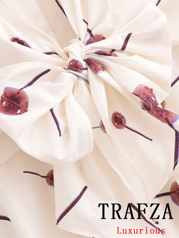 Trafza-女性のためのシックなヴィンテージフラワープリントのドレス、弓のレースアップボタン、ノースリーブシャツ、サマーホリデーファッション、2024