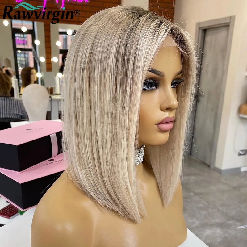 13x4 Ash Blonde Highlight Lace Front Wig Short Straight Bob Brown Human Hair Wigs HD Transparent Lace Frontal Wigs Preplucked