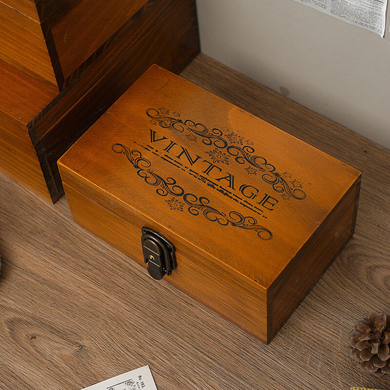 Kotak penyimpanan perhiasan Desktop, ukuran kayu Solid Retro dengan kotak penyimpanan kotak kayu kunci
