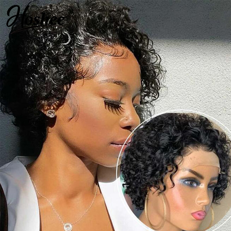Perruque Lace Front Wig Brésilienne Naturelle, Cheveux Courts, Coupe Pixie, Couleur Noire, 13x1, Pre-Plucked, Bon Marché, en Vente, pour Femme Africaine