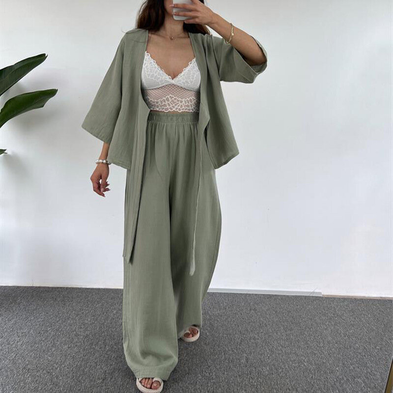 Women Pant Sets Tracksuit Cardigan Tops Solid Wide Leg Pants Ankle Length Pockets Casual Two Pieces Loose Three Quarter