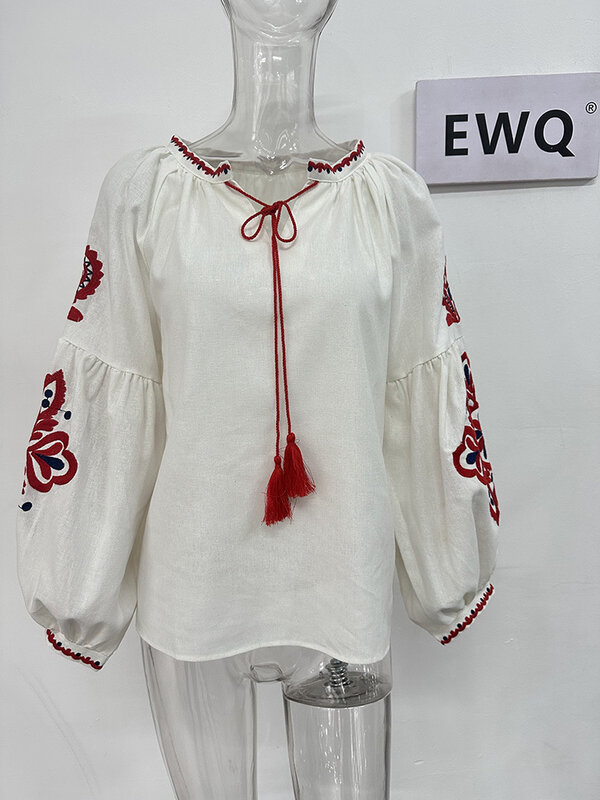 EWQ-Jersey de estilo dulce para mujer, camisas bordadas de retazos con cuello en V, manga de linterna, nueva blusa SN0452, primavera y verano, 2023