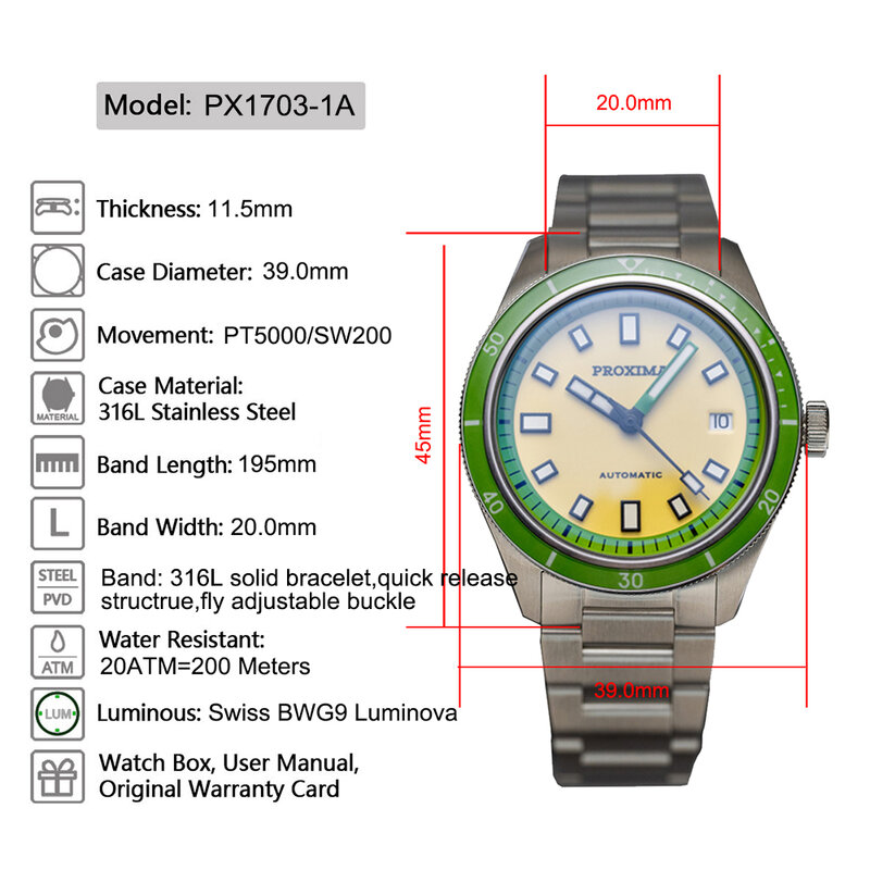 Proxima PX1703-1A relógios mecânicos para homens, abacate Dial PT5000, relógio automático, Sapphire, relógios esportivos impermeáveis, 39mm, novo, 2024