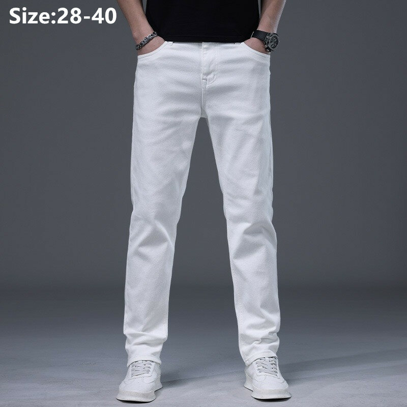 Zomer Witte Jeans Mannen Dun Plus Maat 38 40 Rechte Elastische Katoenen Lichtgewicht Fit Man Gespannen Denim Broek Cowboybroek
