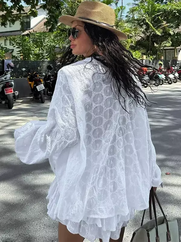 Chic White Lace Long Sleeve Shirts Suit For Women Single Breasted Shirt Shorts 2 Piece Set  Summer Female High Street Outfit