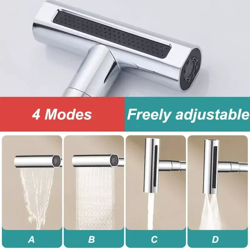 Waterfall kitchen faucet, cold and hot mixer, rainwater sprinkler, bathroom basin, sink faucet, four modes, deck installation