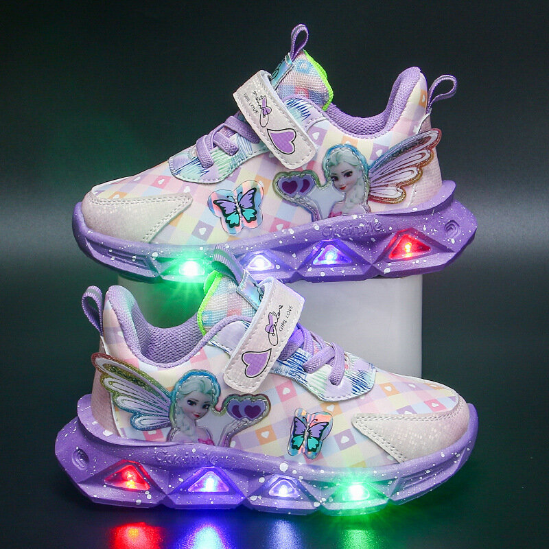 Disney-Zapatillas deportivas con luces Led para niños, zapatos para correr de piel sintética con dibujos animados de Frozen, princesa Elsa, Rosa