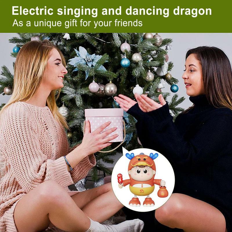 Dança elétrica e cantando dragão brinquedo com música e luz LED, brinquedo dos desenhos animados, adorável padrão, decoração da festa, presente de ano novo