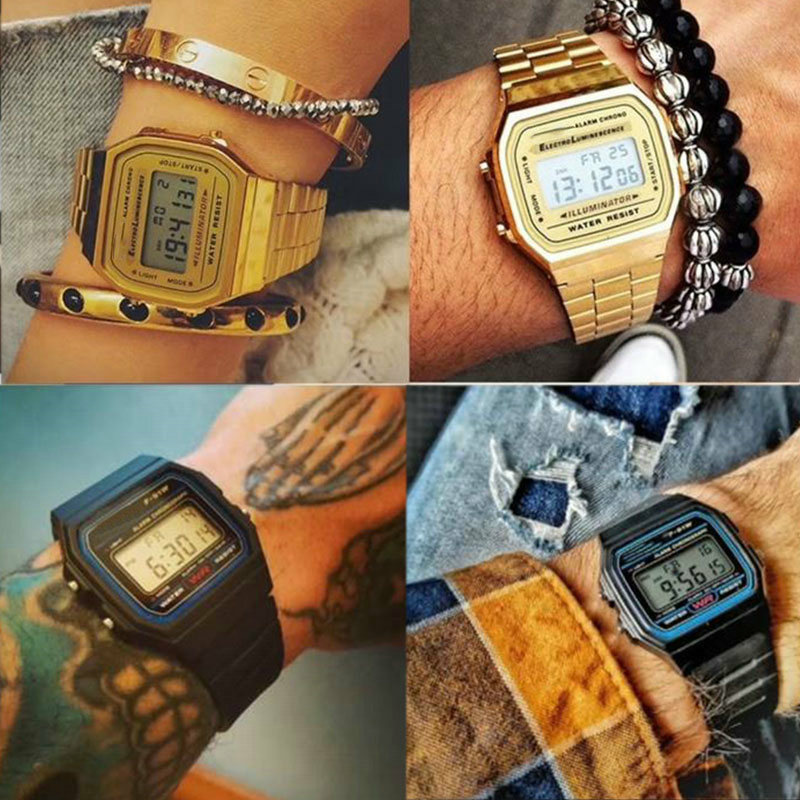 男性と女性のための高級時計f91w,レトロなデジタルステンレス鋼スポーツ腕時計,ミリタリー,耐水性,電子腕時計