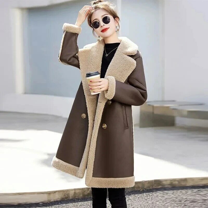 Abrigo de invierno con doble botonadura para mujer, prenda de vestir gruesa y cálida, longitud media, con piel engrosada, a la moda, novedad de 2024