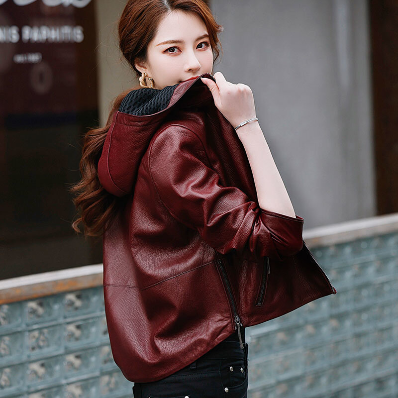 Jaqueta de couro roupas femininas real high-end camada superior de pele de carneiro jaquetas coreanas mulher motocicleta com capuz casacos feminino sq
