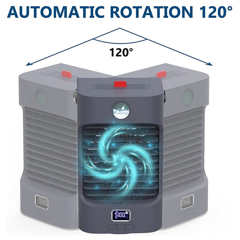 Enfriador de aire con función de rotación de 120 °, portátil y humidificador purificador de aire, 3 velocidades de ventilador, luces LED, pantalla de temperatura