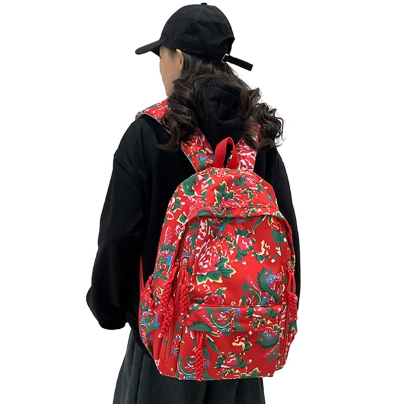 Plecak stylu chińskim, etniczny, północno-wschodni, stylu vintage, dużym kwiatowym nadrukiem, plecak szkolny o dużej dla