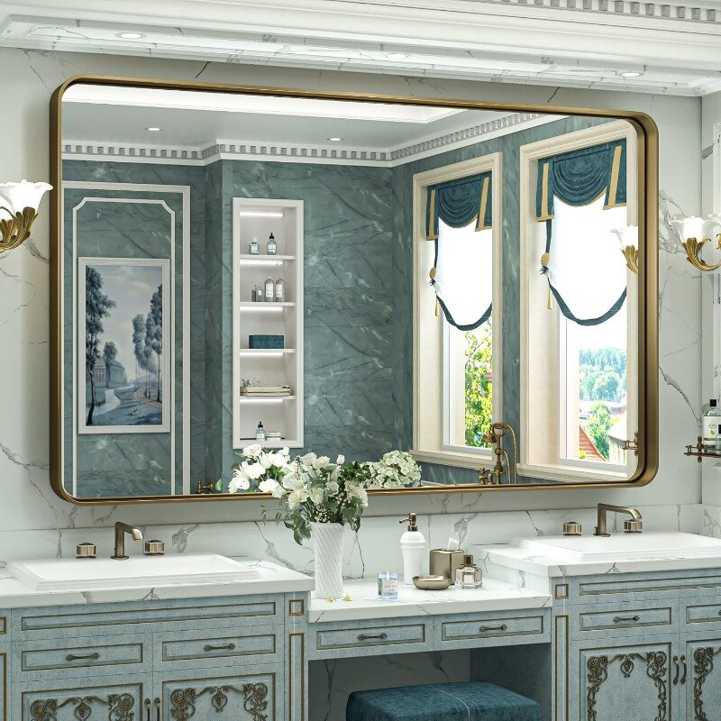 Cermin dinding cokelat 60x30 inci, cermin rias kamar mandi dengan bingkai logam paduan aluminium sudut bulat lembut untuk rumah pertanian Modern