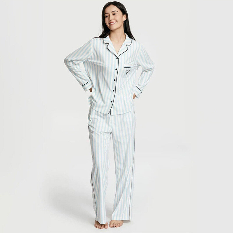 Pijama feminino de mangas compridas com bolsos, letra V, macio e confortável, roupa de casa, primavera, verão, outono