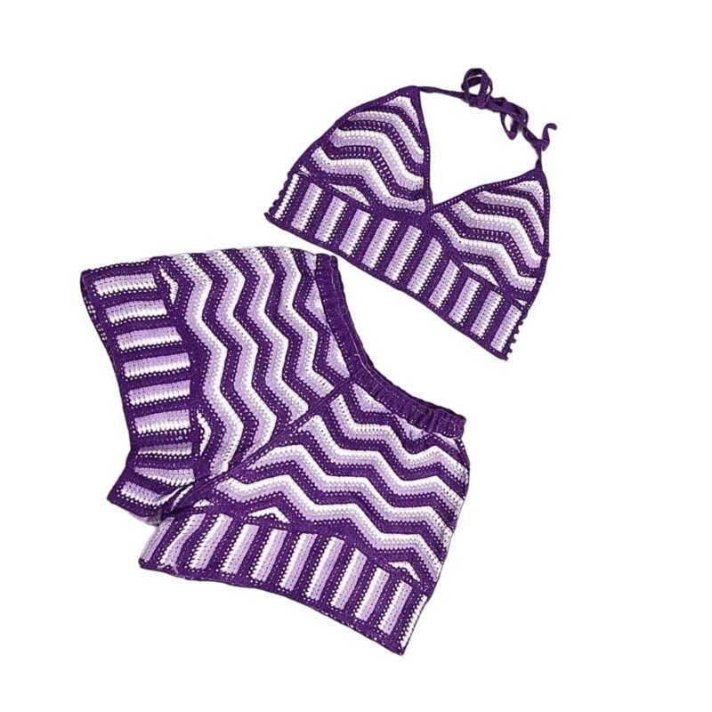 Модный вязаный пляжный наряд с вырезом сверху и широкими шортами, подходящий для отпуска и отдыха