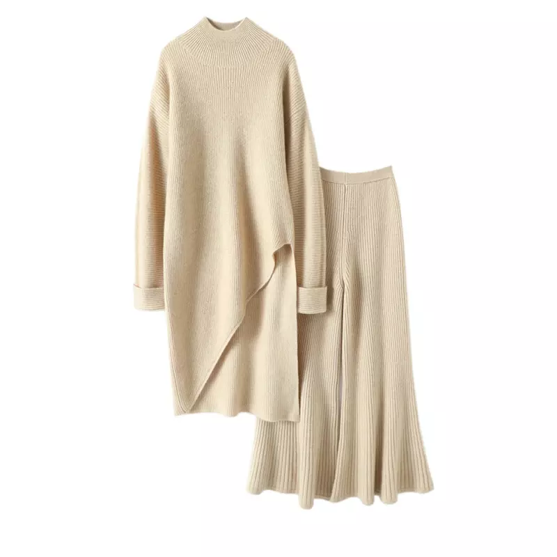 Asymmetrical Long Sweater+Flare Pants100% Cashmere Winter Warm Designer Latest Fashion for Women Clothes 2 Piece Set