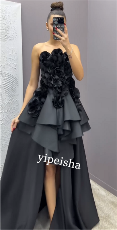 Jersey Flower Pleat Valentine's Day Asymmetrical Strapless Bespoke Occasion Gown  Hi-Lo Dresses