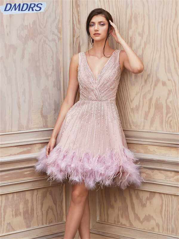 섹시한 V넥 이브닝 드레스, 2024 반짝이는 얇은 명주 그물 깃털 가운, 심플한 무릎 길이 A라인 가운