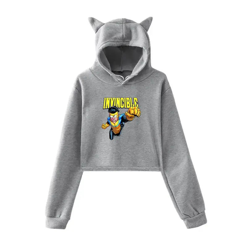 เสื้อครอปสไตล์ฮิปฮอปสำหรับเด็กผู้หญิงเสื้อครอปสไตล์ฮาราจูกุหูแมวแนวสตรีทเสื้อสวมหัวเสื้อกีฬา