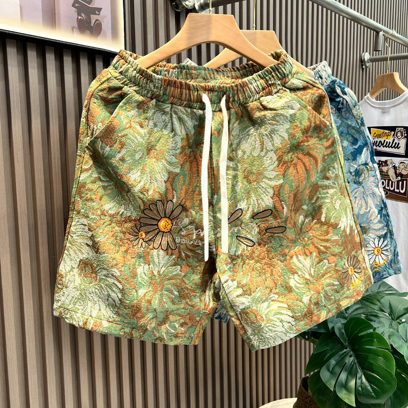 Summer new American trendy brand personalized floral print casual shorts loose washed embroidered straight-leg five-quarter pant