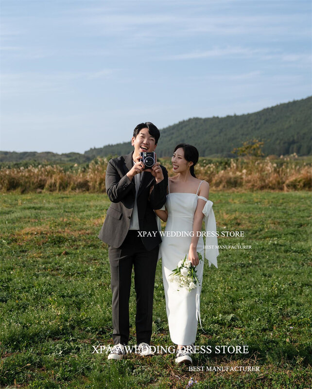 XPAY-vestidos de novia de sirena coreana con cuello de barco, vestido de novia con tirantes finos de crepé, sesión de fotos sin espalda, vestido de novia hecho a medida