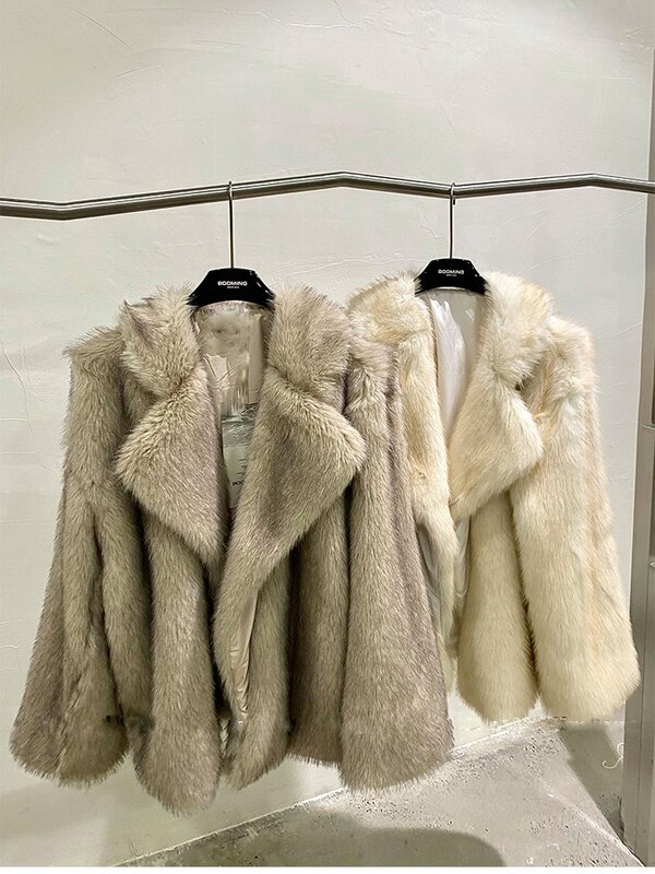 여성 브이넥 중간 길이 외투, 환경보호 모피, 두꺼운 코트, 퓨어 컬러, 따뜻한 패션, 가을 겨울