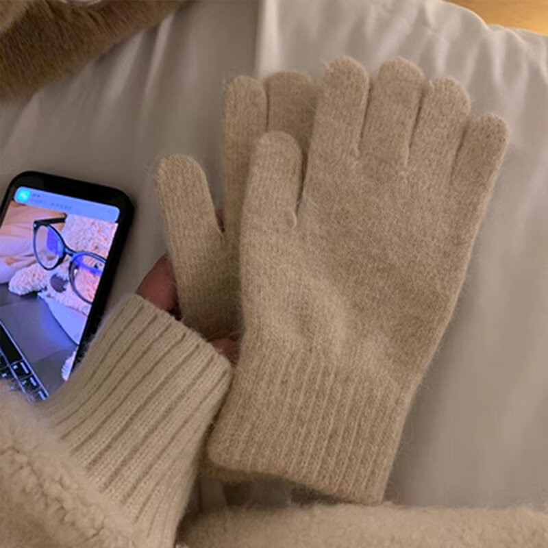 Зимние теплые вязаные перчатки с пальцами для мужчин и женщин, однотонные шерстяные варежки для сенсорного экрана, плотные теплые перчатки для велоспорта и вождения, 1 пара