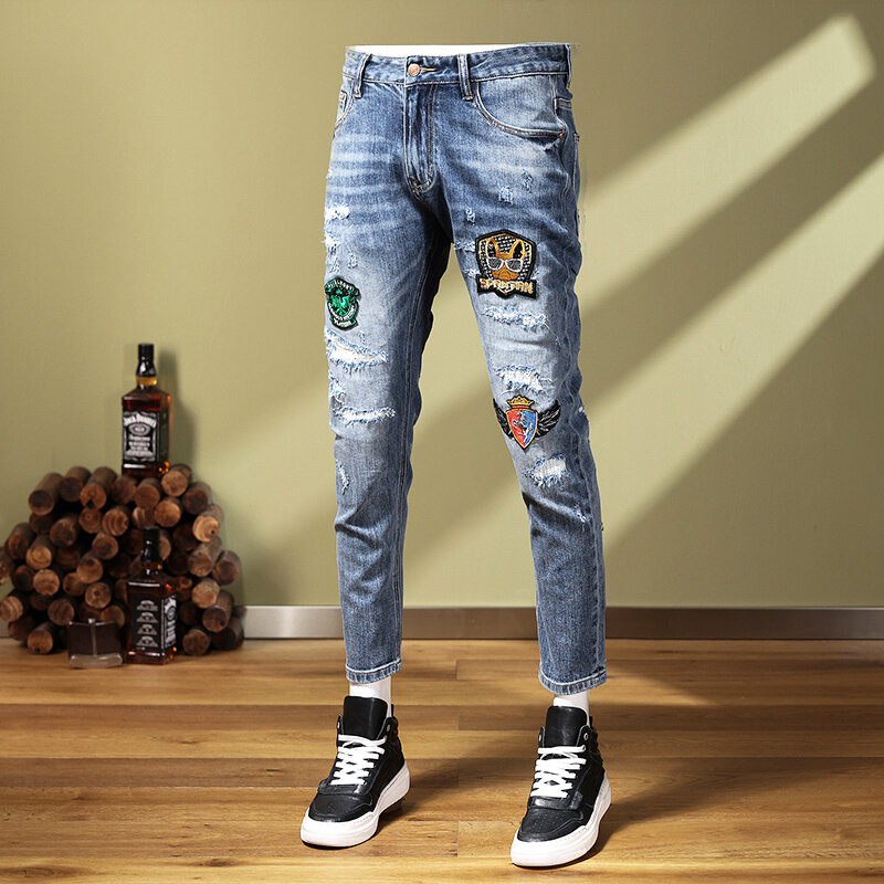 بنطلون جينز رجالي أنيق من Streetwear بتصميم عتيق أزرق مرن ضيق مناسب مكسور وممزق من الجينز للرجال سراويل هيب هوب أنيقة