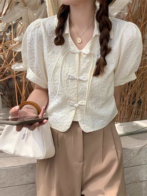 Retro Chinese Style Button Shirt Women Bubble Short Sleeve Top