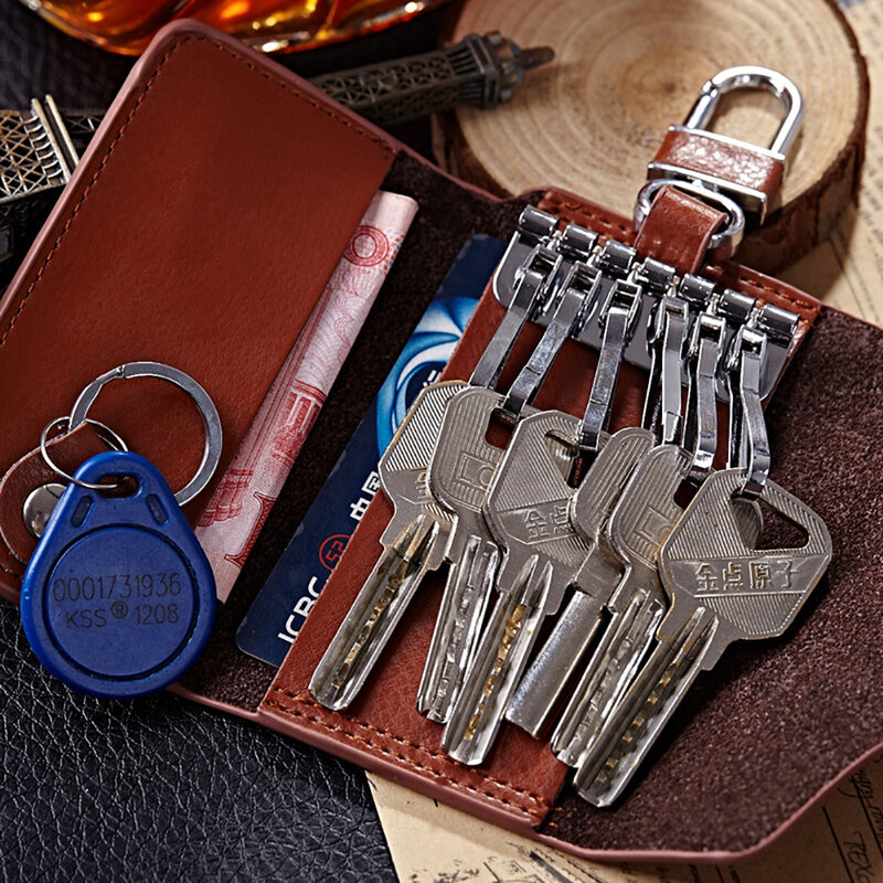 Porte-clés en cuir véritable pour hommes et femmes, étui à clés de voiture, porte-cartes, unisexe