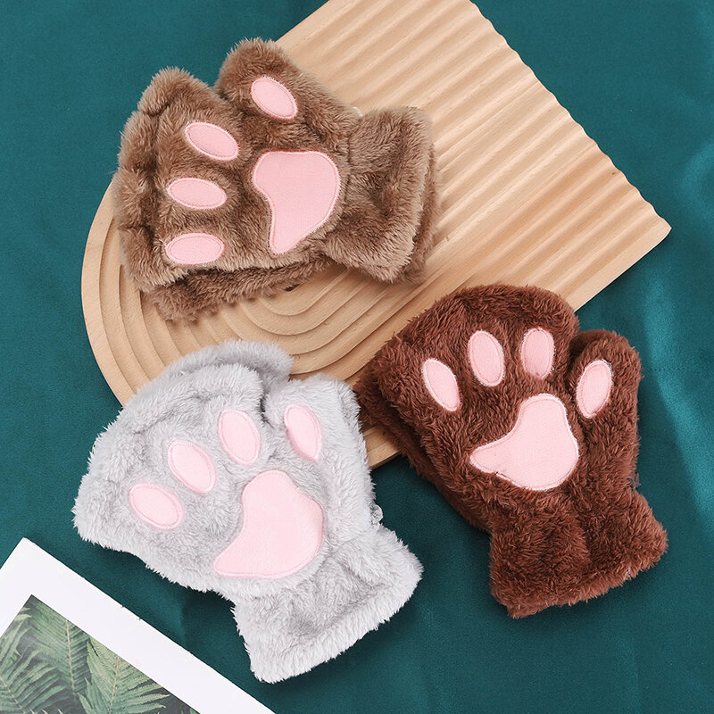 1Pair Cute Cat Claw Gloves Winter Plush Gloves Soft Warm Cold Resistant Glove Women's Thickened Glove Leakage Finger Gloves