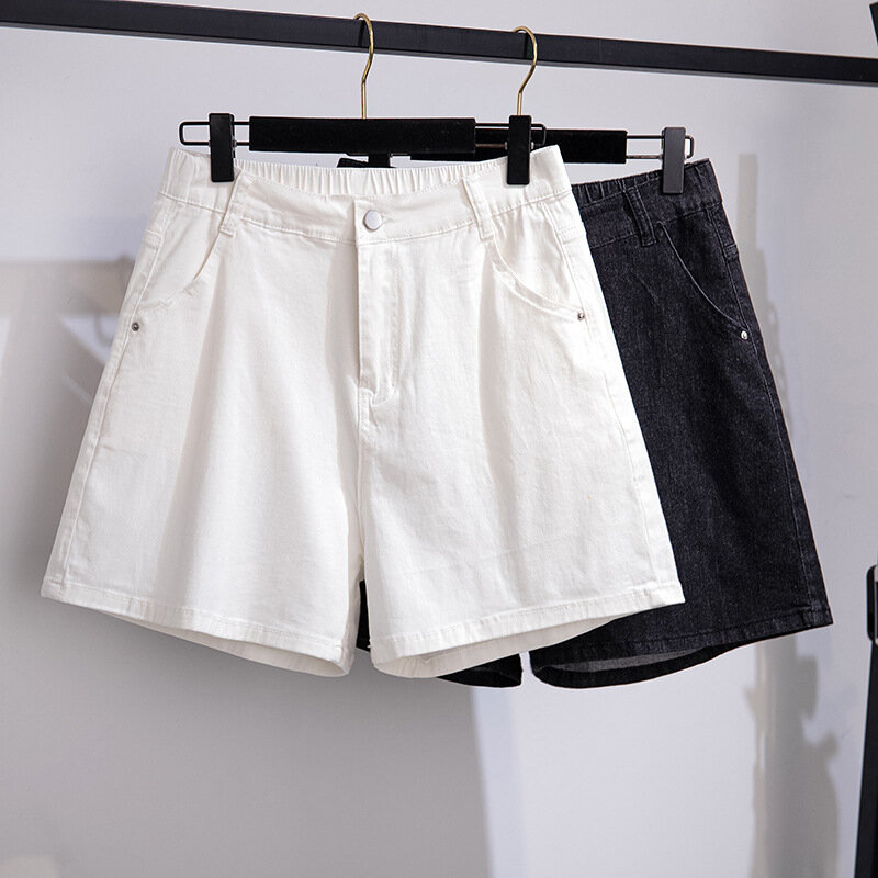 Pantalones cortos vaqueros de cintura elástica para mujer, Jeans holgados de cintura alta, color blanco y negro, 150Kg, para verano, 5XL, 6XL, 7XL, 8XL, 9XL, 150