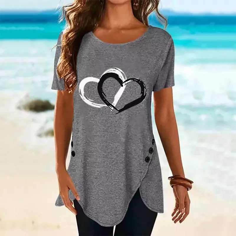 Neue Sommer Frauen Kurzarm Herz gedruckt T-Shirt lässig lose lange Top T-Shirt Kleidung Mode Frauen T-Shirt Streewear