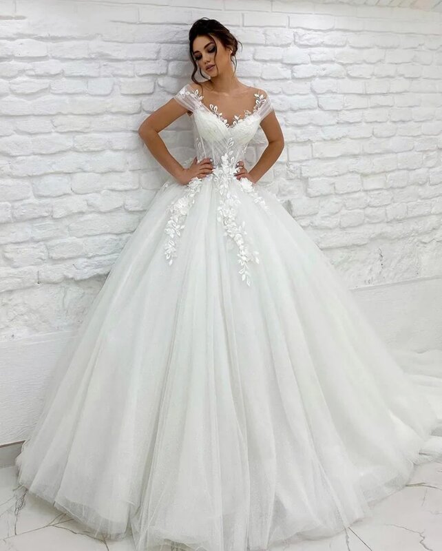 Gaun pernikahan Tulle putih klasik tanpa lengan bunga 3D gaun pengantin panjang selantai A-Line gaun malam Formal wanita buatan khusus